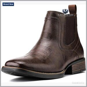 Men's Square Toe Chelsea Ankle Boots Western Style Pull-On Casual